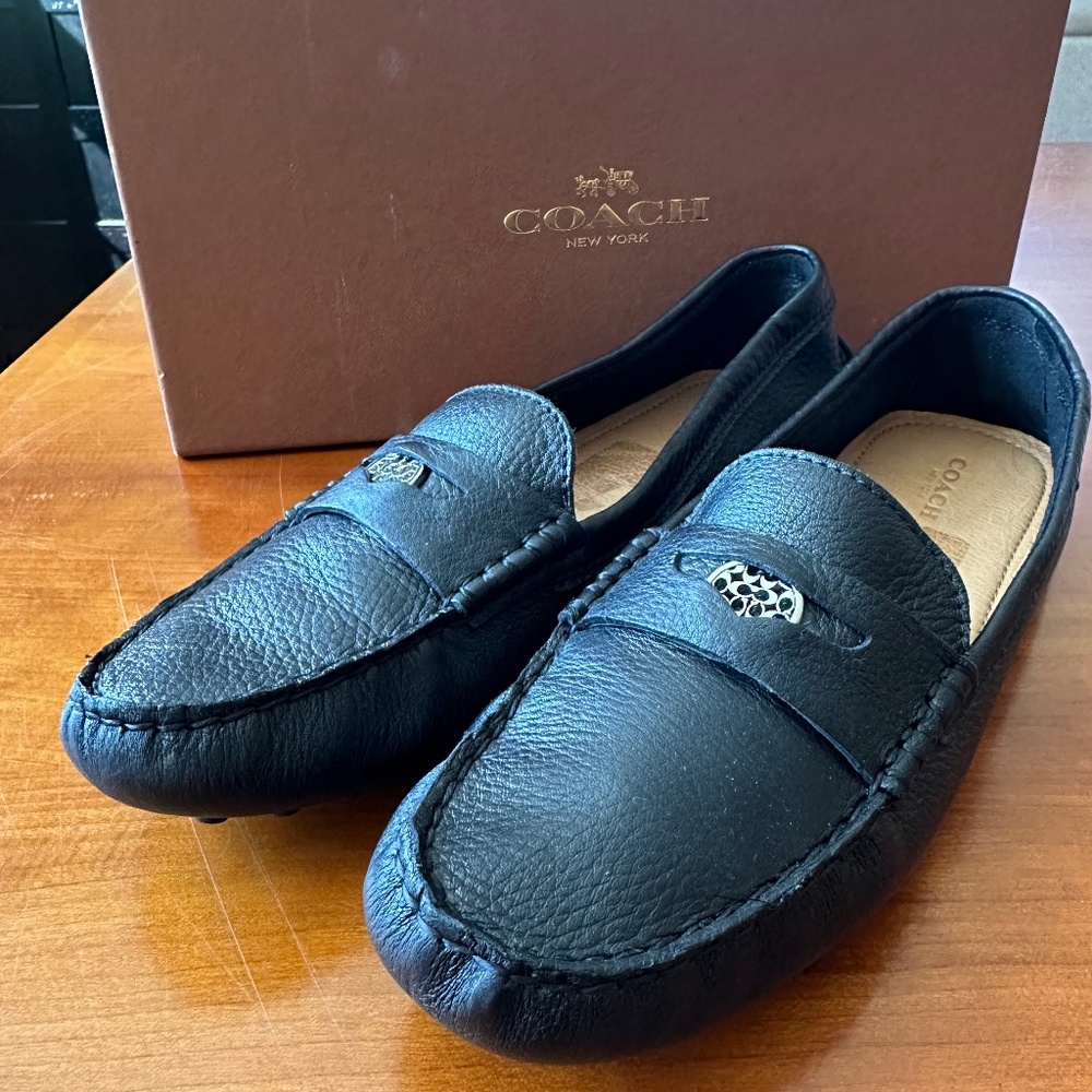 Coach Womens Black Nicola Pebble Grain Leather Loafer Flats